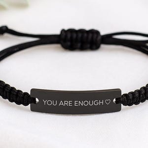 You Are Enough Bracelet with Heart – Mental Health Gift for Her, Self Love Bracelet, Encouragement Jewelry, Black Rope Adjustable Bracelet