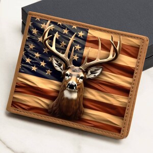 Cartera de bandera americana con ciervos - Regalo para él, Regalo de cumpleaños del hijo, Regalo de aniversario del marido, Regalo de Navidad para el novio, Caza de ciervos