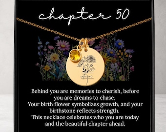 50th Birthday Gift for Women Personalized Birth Flower Necklace with Birthstone and Name