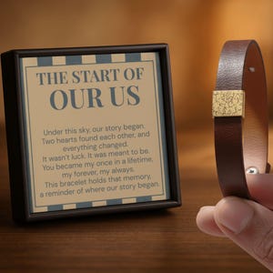 May include: A framed print with the text "THE START OF OUR US" and a brown leather bracelet with a gold-colored square clasp. The print has a beige background with blue stripes and text. The bracelet is held by a hand.