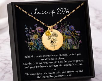 Personalized Graduation Gift Birth Flower Necklace Name and Birthstone Necklace for Daughter Graduation Gift Class of 2026