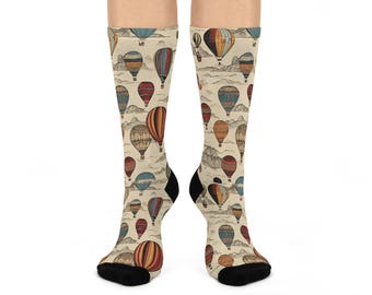 Hot Air Balloon Socks, Aviation Footwear Apparel, Patterned Hot Air Ballon Socks, Full of Hot Air Socks, Cushioned Crew Socks