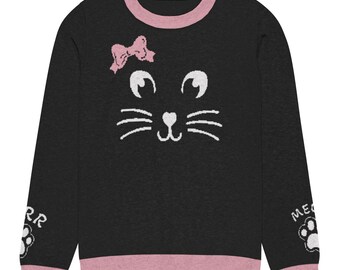 Here Kitty Kitty, Black Pink Sweater, Purr Meow Kitty Knitted Crew Neck Sweater