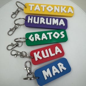 May include: A collection of colorful keychains with names in white block letters. The keychains are yellow, purple, green, red, and blue. Each keychain has a silver clasp.