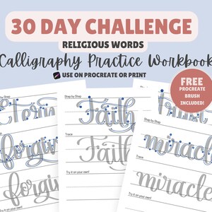 Schede di esercizi di lettering a mano per Procreate, quaderno di lavoro di calligrafia, parole della Bibbia, pennello Procreate, schede di lavoro, sfida religiosa di 30 giorni