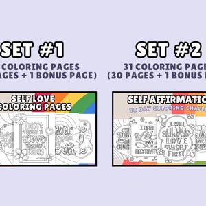 Puede incluir: Dos juegos de p&aacute;ginas para colorear, uno titulado "P&aacute;ginas para colorear de amor propio" con 15 p&aacute;ginas m&aacute;s una p&aacute;gina de bonificaci&oacute;n y el otro titulado "Afirmaciones de s&iacute; mismo Desaf&iacute;o de colorear de 30 d&iacute;as" con 30 p&aacute;ginas m&aacute;s una p&aacute;gina de bonificaci&oacute;n. Ambos juegos presentan fondos de colores arco&iacute;ris e ilustraciones en blanco y negro de flores y citas inspiradoras.