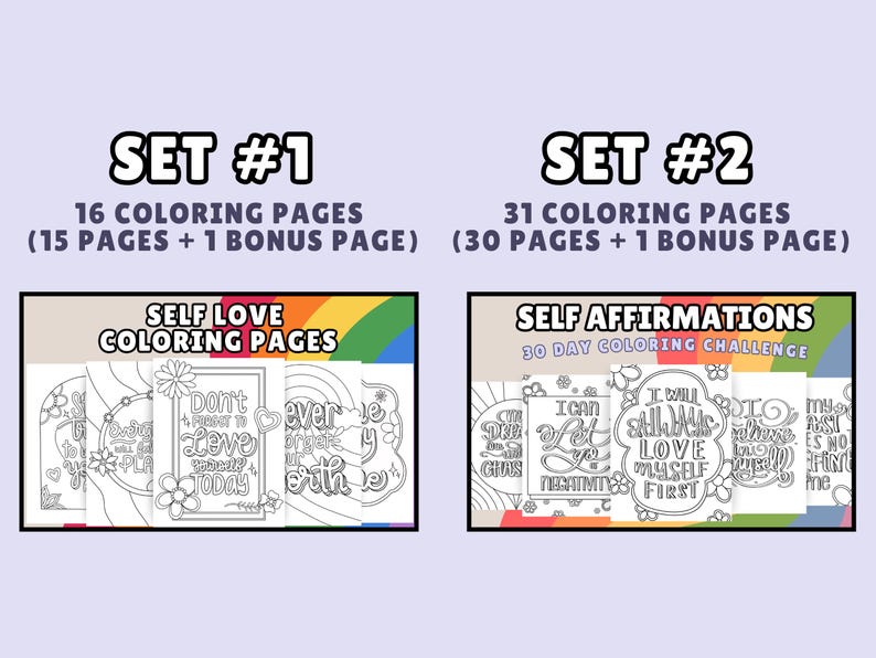 Puede incluir: Dos juegos de p&aacute;ginas para colorear, uno titulado "P&aacute;ginas para colorear de amor propio" con 15 p&aacute;ginas m&aacute;s una p&aacute;gina de bonificaci&oacute;n y el otro titulado "Afirmaciones de s&iacute; mismo Desaf&iacute;o de colorear de 30 d&iacute;as" con 30 p&aacute;ginas m&aacute;s una p&aacute;gina de bonificaci&oacute;n. Ambos juegos presentan fondos de colores arco&iacute;ris e ilustraciones en blanco y negro de flores y citas inspiradoras.