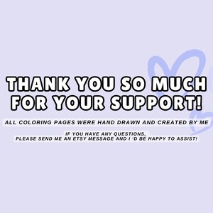 Puede incluir: Un mensaje de agradecimiento con un dise&ntilde;o de coraz&oacute;n morado. El texto dice: "&iexcl;Muchas gracias por tu apoyo! Todas las p&aacute;ginas para colorear fueron dibujadas a mano y creadas por m&iacute;. Si tienes alguna pregunta, por favor env&iacute;ame un mensaje de Etsy y estar&eacute; encantado de ayudarte!"