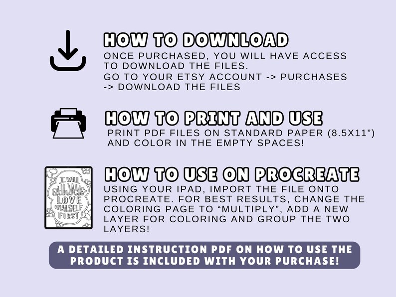 Puede incluir: Una gu&iacute;a de descarga digital para una p&aacute;gina de colorear imprimible con el texto "Siempre me amar&eacute; a m&iacute; mismo primero". La gu&iacute;a incluye instrucciones sobre c&oacute;mo descargar, imprimir y usar la p&aacute;gina para colorear en Procreate.