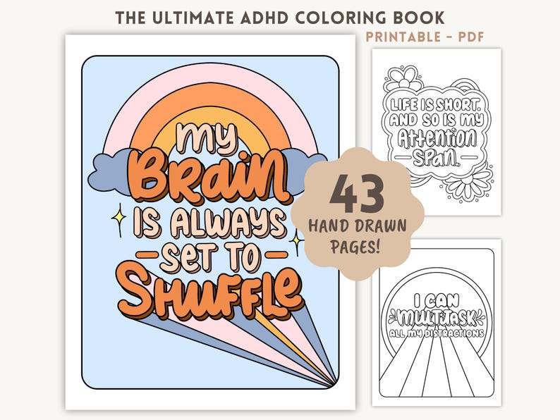 ADHD Coloring Book: 43 Printable Funny Relatable Quotes, Mental Health ...