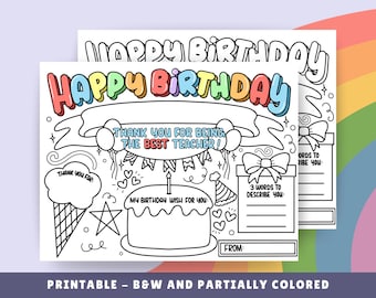 Happy Birthday Teacher Coloring Page: Printable Thank You Card (PDF)