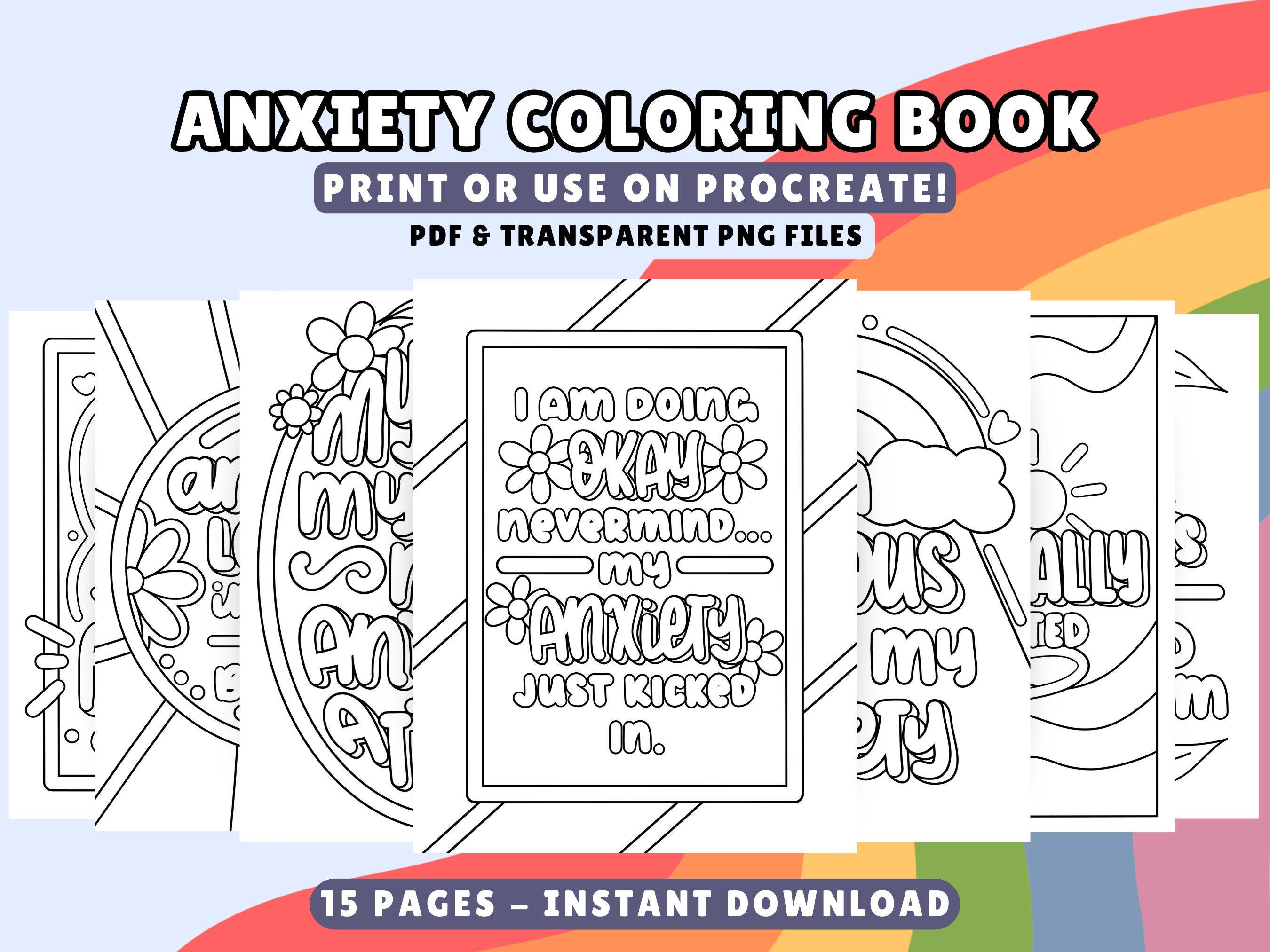 Mental Health Anxiety Coloring Book for Teens & Adults – Stress Relief Pages, Bold Easy Designs, Digital Download for iPad Procreate & Print