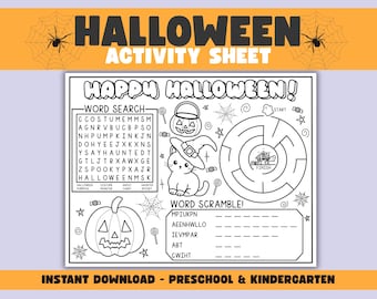 Halloween Activity Sheet: Word Search, Maze, Coloring (Printable PDF for Kids)