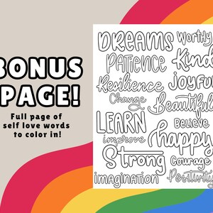 May include: A black and white coloring page with the words "DREAMS", "PATIENCE", "RESILIENCE", "CHANGE", "LEARN", "IMPROVE", "STRONG", "IMAGINATION", "WORTHY", "KIND", "JOYFUL", "BEAUTIFUL", "BELIEVE", "HAPPY", "COURAGE", and "POSITIVITY". The text "BONUS PAGE!" is at the top.