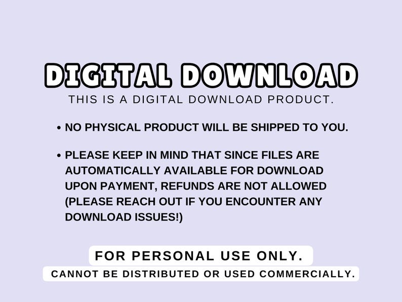 Puede incluir: Aviso de producto de descarga digital. Este es un producto de descarga digital. No se enviar&aacute; ning&uacute;n producto f&iacute;sico. Tenga en cuenta que los archivos est&aacute;n disponibles autom&aacute;ticamente para descargar una vez realizado el pago, no se permiten reembolsos. P&oacute;ngase en contacto con nosotros si encuentra alg&uacute;n problema con la descarga. Solo para uso personal. No se puede distribuir ni utilizar comercialmente.