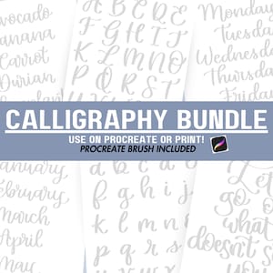 May include: A digital calligraphy bundle for Procreate featuring a variety of words, phrases, and letters. The bundle includes a Procreate brush and is ready to use for digital art and lettering projects.