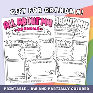 Carte imprimable Tout sur ma grand-mère pour la fête des mères, page à colorier pour les enfants, cadeau pour grand-mère des petits-enfants, cadeau d'anniversaire pour grand-mère PDF