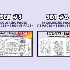 Puede incluir: Dos im&aacute;genes de portadas de libros para colorear con el texto "Self Love Coloring Book" y "Self Love Era" sobre un fondo de arco&iacute;ris. La primera imagen tiene el texto "Sometimes you gotta be selfish" y la segunda imagen tiene el texto "Don't ever let fear stop you!"