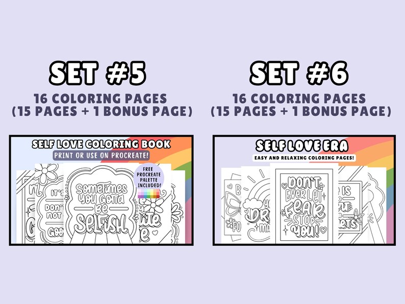 Puede incluir: Dos im&aacute;genes de portadas de libros para colorear con el texto "Self Love Coloring Book" y "Self Love Era" sobre un fondo de arco&iacute;ris. La primera imagen tiene el texto "Sometimes you gotta be selfish" y la segunda imagen tiene el texto "Don't ever let fear stop you!"