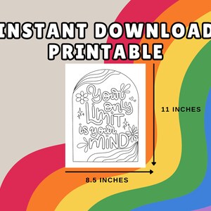 May include: A black and white printable art piece with the text "Your only limit is your mind" in a retro font. The art measures 8.5 x 11 inches. The words "Instant Download Printable" are at the top.