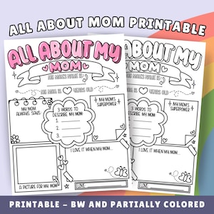 Alles über meine Mama druckbares Geschenk für Muttertag, füllen Sie die leere Malseite für Mama, Geschenk für Mama von Kindern, Mama Fragebogen PDF Mama aus
