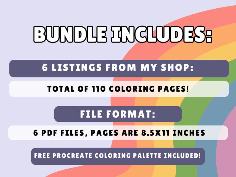 Puede incluir: Un gr&aacute;fico colorido con el texto "BUNDLE INCLUDES:" y detalles sobre un paquete de p&aacute;ginas para colorear. El paquete incluye 6 listados de la tienda, un total de 110 p&aacute;ginas para colorear, 6 archivos PDF, las p&aacute;ginas miden 8,5x11 pulgadas, y una paleta de colores Procreate gratuita.