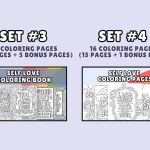 Puede incluir: Dos im&aacute;genes que muestran diferentes conjuntos de p&aacute;ginas para colorear sobre el amor propio. La primera imagen muestra un conjunto de 15 p&aacute;ginas para colorear, que incluyen 10 p&aacute;ginas y 5 p&aacute;ginas adicionales. La segunda imagen muestra un conjunto de 16 p&aacute;ginas para colorear, que incluyen 15 p&aacute;ginas y 1 p&aacute;gina adicional. Ambos conjuntos presentan ilustraciones en blanco y negro con afirmaciones positivas.