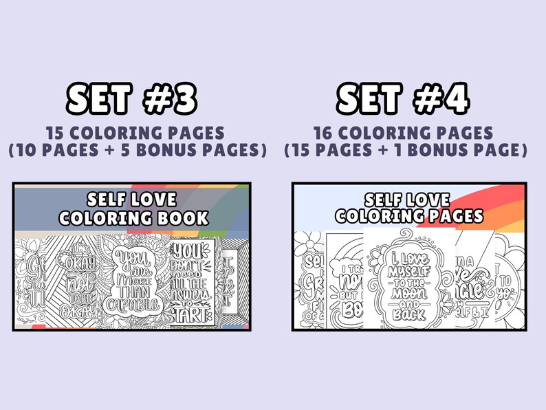 Puede incluir: Dos im&aacute;genes que muestran diferentes conjuntos de p&aacute;ginas para colorear sobre el amor propio. La primera imagen muestra un conjunto de 15 p&aacute;ginas para colorear, que incluyen 10 p&aacute;ginas y 5 p&aacute;ginas adicionales. La segunda imagen muestra un conjunto de 16 p&aacute;ginas para colorear, que incluyen 15 p&aacute;ginas y 1 p&aacute;gina adicional. Ambos conjuntos presentan ilustraciones en blanco y negro con afirmaciones positivas.