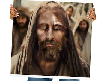 Divine Encounter: The Photorealistic Face of Jesus on the Shroud of Turin Poster Free delivery