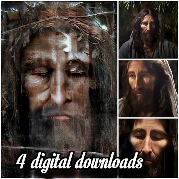 Ensemble de visages sacrés de Noël : Jésus du Linceul de Turin et portraits sereins d'IA - Téléchargements numériques