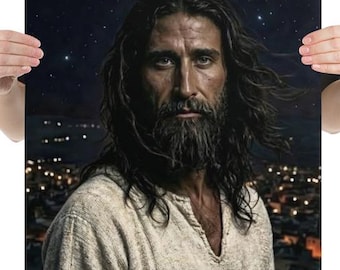 Shroud Face – Jesus Watching Over the City Night Sky Art Print