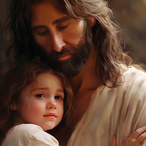 In His Arms: An Authentically Designed Turin Shroud-Inspired Art Print of Jesus and Child Digital downloads
