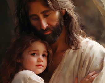 In His Arms: Ein authentisch gestalteter Turiner Grabtuch-inspirierter Kunstdruck von Jesus und Kind Digitale Downloads