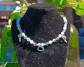 Blue and White Beaded Kitty Necklace – Handmade Pearl Choker with Kitty Charm | Elegant Fairycore Jewelry Gift for Her