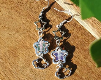 Silver Crystal Celestial Star and Cloud Earrings, Fairycore/Cottagecore Promm Accessories, Dangle Y2K Earrings, Handmade and Unique Gifts