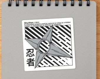 Japanese Shinobi Shuriken Definition Kiss-Cut Sticker Otaku Ninja Warrior Throwing Star Tools with Kanji Text Stickers
