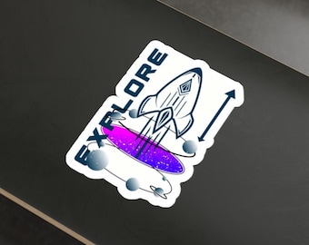 Explore Outer Space Die-Cut Sticker, Cosmic Adventure Design with Rocket Ship and Swirling Planets, Unique Gift for Space Enthusiasts