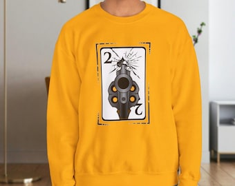 Number 2 Spade Playing Card Unisex Crewneck Sweatshirt Black/White Mysterious Anime Pistol High Risk Magical Poker Cards Collector Pullover