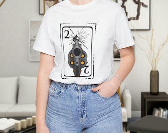 Number 2 Spade Playing Card Unisex Crewneck T-Shirt Black and White Mysterious Anime Pistol High Risk Magical Poker Cards Collector Tee