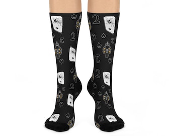 Number 2 Spade Playing Card Cushioned Crew Socks Black and White Mysterious Anime Pistol High Risk Magical Poker Cards Collector Gifts