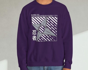 Japanese Shinobi Shuriken Definition Crewneck Sweatshirt Otaku Ninja Warrior Throwing Star Tools with Kanji Text Pullover