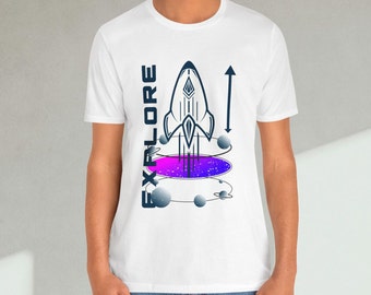 Explore Outer Space Unisex Crewneck T-Shirt, Cosmic Adventure Design with Rocket Ship and Swirling Planets, Space Lovers Tee