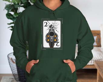 Number 2 Spade Playing Card Unisex Hooded Sweatshirt Black and White Mysterious Anime Pistol High Risk Magical Poker Cards Collector Hoodie