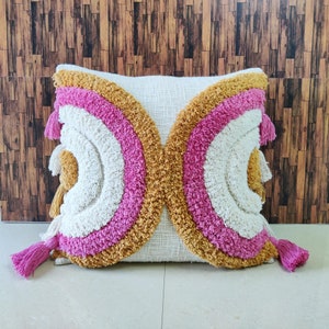 Pink Mustard & Natural White 10 Tassels Pillow Cover Boho Tufted Textured Pillow Case 50x50 ( 20x20 Inches ) Cushion Cover