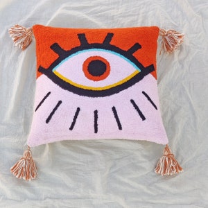 Evil Eye Pink & Multi Color Crewel Embroidered Boho Textured Throw Pillow Case Cushion Cover Decorative Handmade Pillow Cover