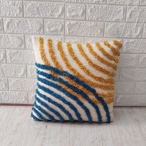Blue & Mustard Yellow Abstract Tufted Textured Cotton Decorative Throw Pillow Cover Indian Handmade Boho Pillow Case