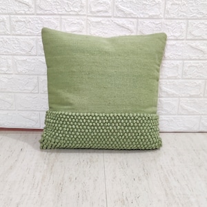 Sage Green Chunky Loops Wool Hand Loom Woven Decorative Throw Pillow Cover.