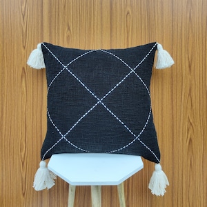 Hand Machine Stitches Cushion Cover  100% Cotton Black Handmade Decorative Indian Boho Textured Throw Pillow Case