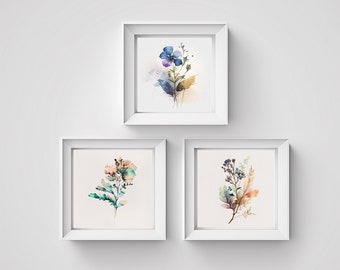 Watercolor Flower Print Set of 3, Wall Art,  Floral Printable Art,  Modern Home Decor Art, Wild Flowers Art
