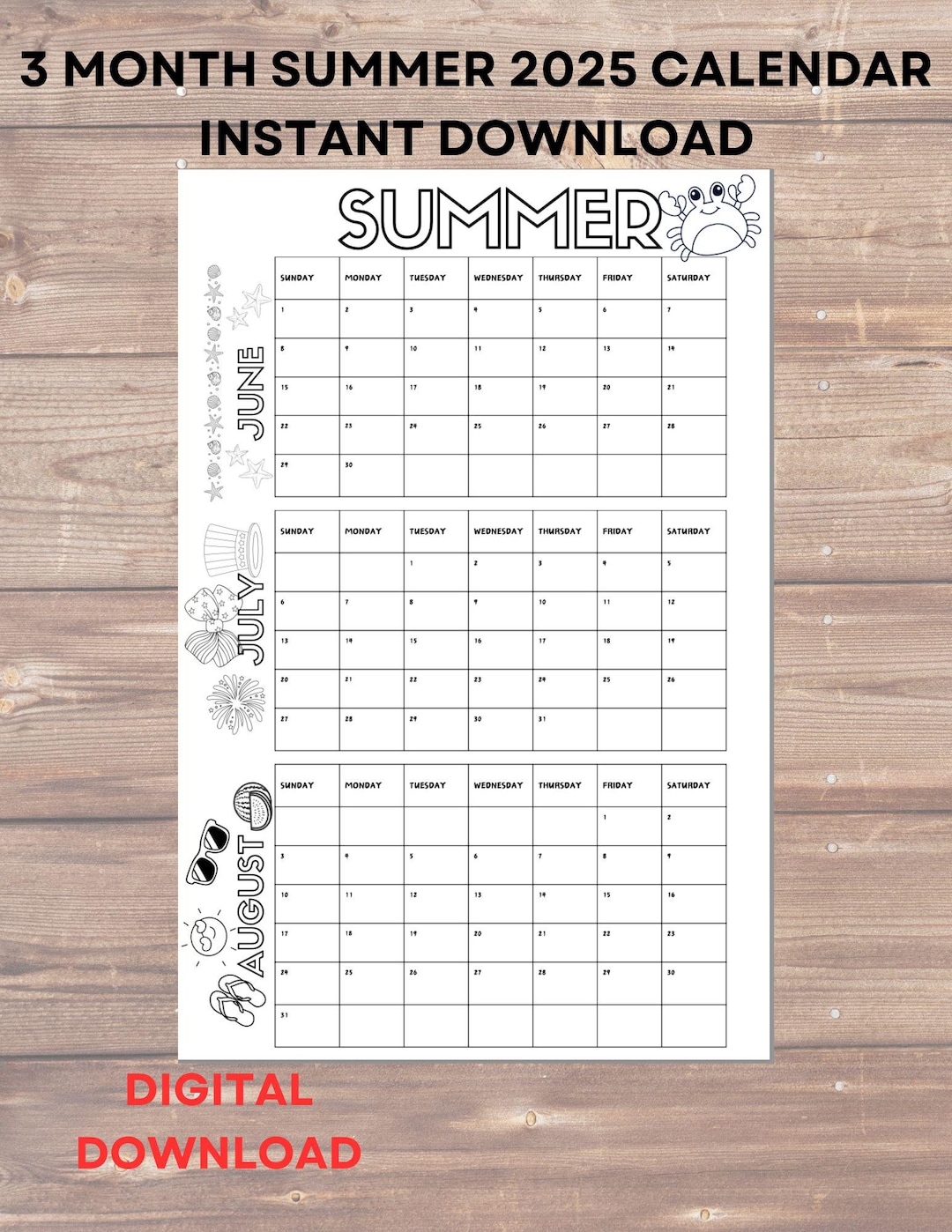3 Month SUMMER Calendar Printable June July August Large Size Instant ...